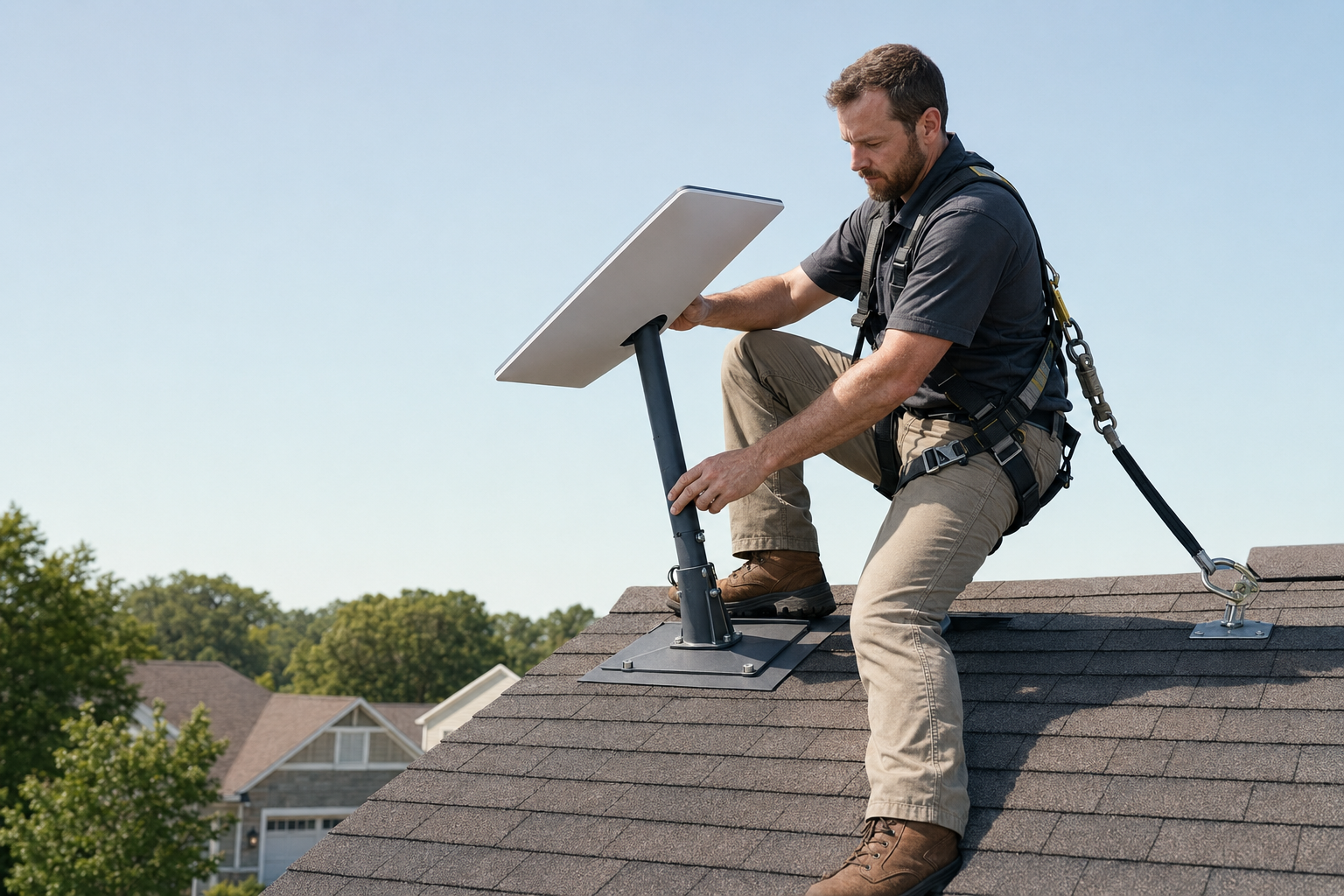 Harnessed technician installing an unbranded flat-panel satellite internet terminal on a suburban roof